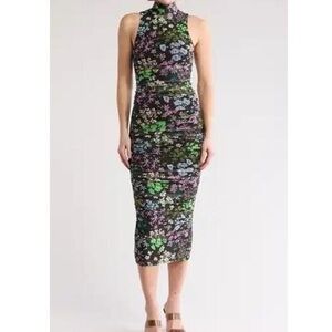 New AFRM Ruched Sleeveless Mesh Midi Dress in Floral Print S‎